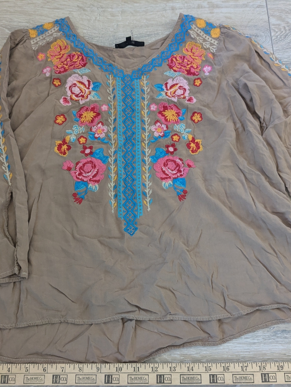 Embroidered Floral Taupe Peasant Top with Blue Accents Boho Beach Summer